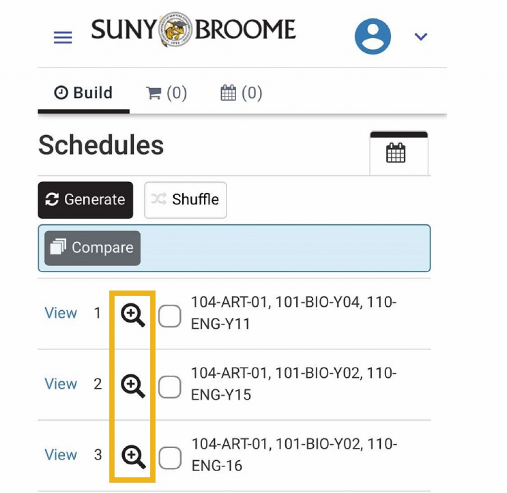 Screenshot of Schedules. Gold rectangle highlights magnifying glass to preview - select View to open individual schedule detail.