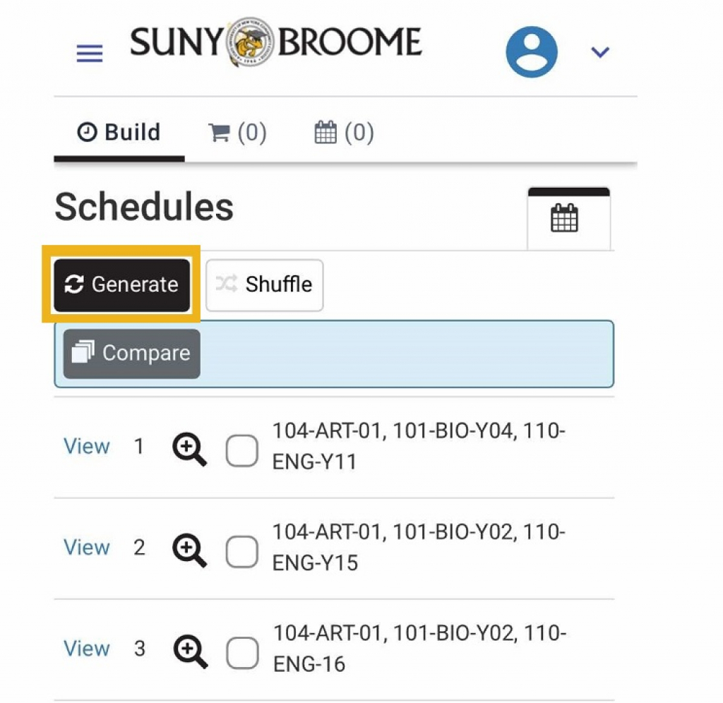 Screenshot of Schedules. Gold rectangle highlights the button Generate (just under title 