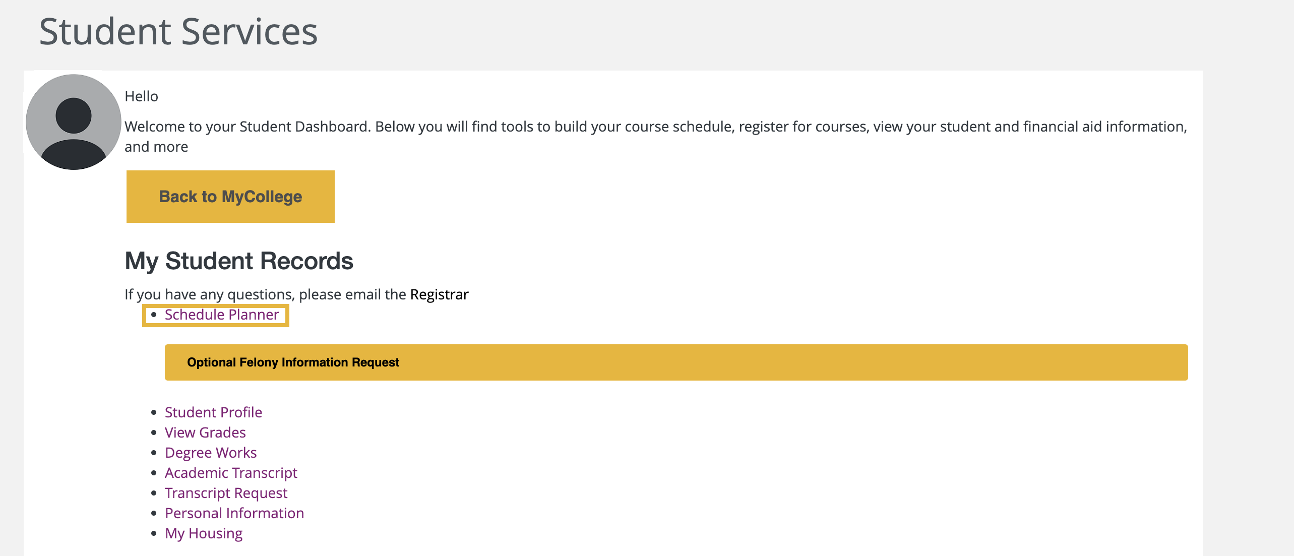 Screenshot of Student Services. A gold square highlights option Schedule Planner