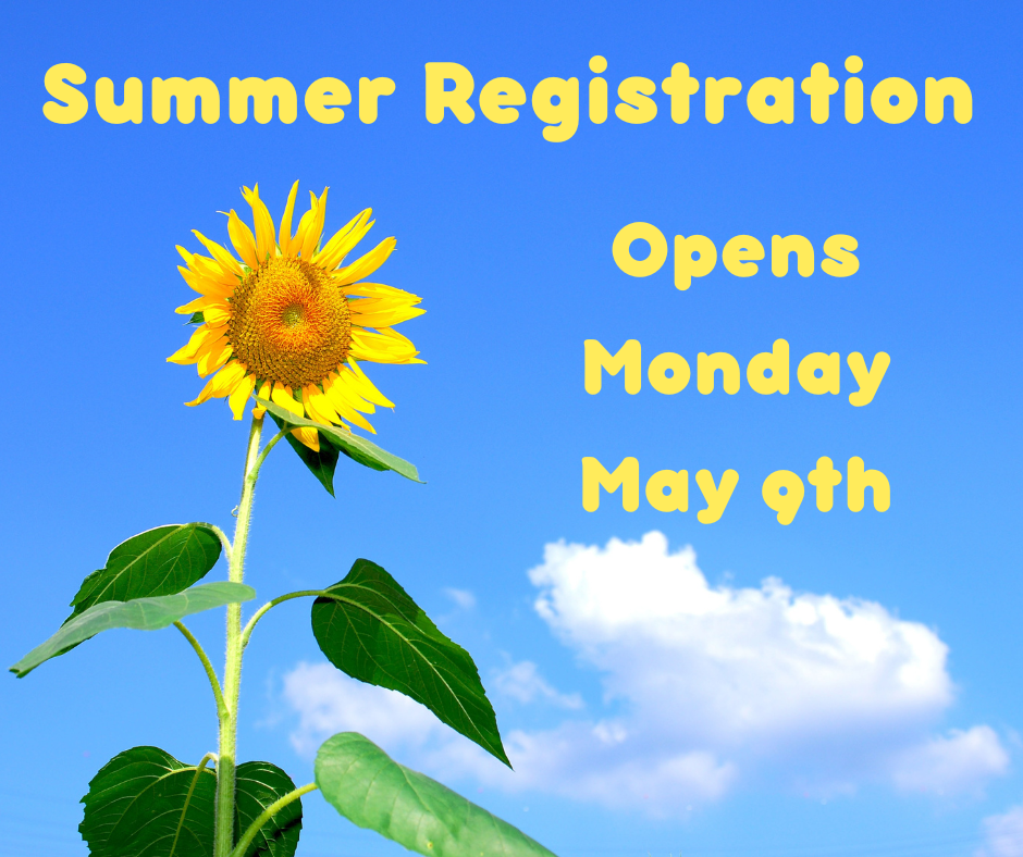 Blue sky with tall yellow Sunflower: Summer Registration opens Monday May 9th