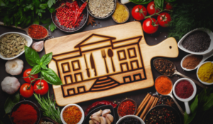 Culinary cutting board surrounded by food/spices.