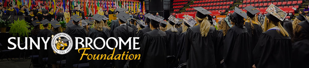 SUNY Broome Foundation Logo on a background photo of students at graduation