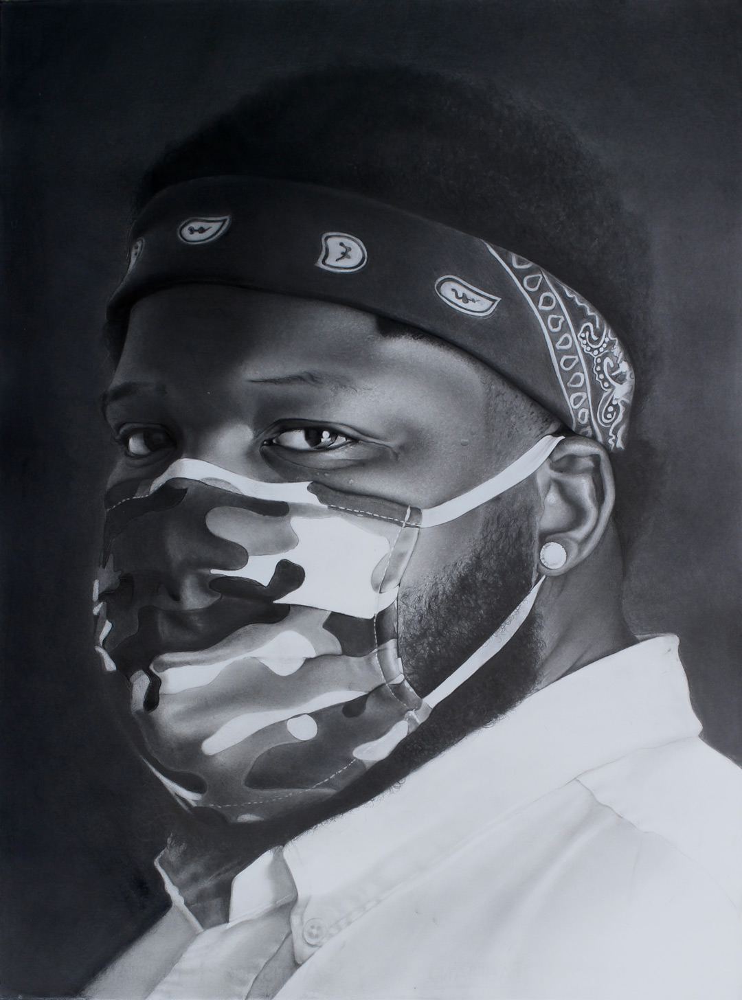 A realistic charcoal portrait of Bernard, wearing a camouflage mask and staring out at the viewer.