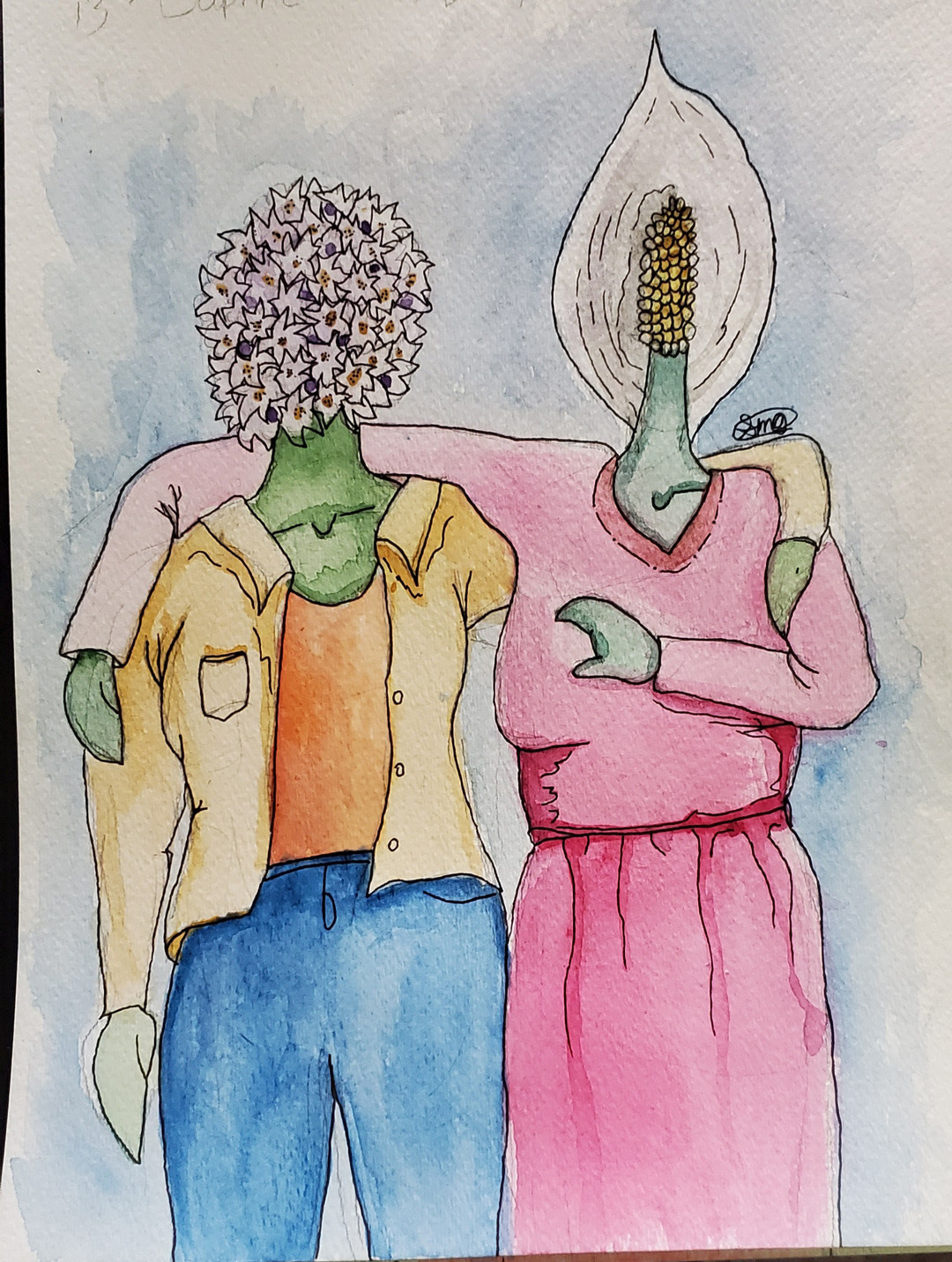 A plant woman with a lily head hugs another plant woman. They both wear modern clothing.