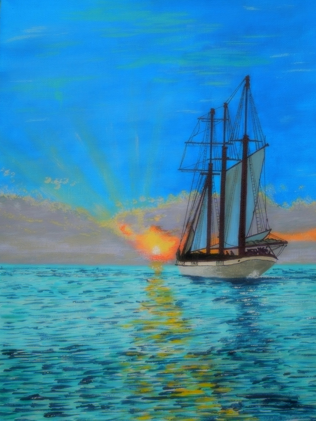 A sailboat heads towards a cloudy orange sunset on the horizon.