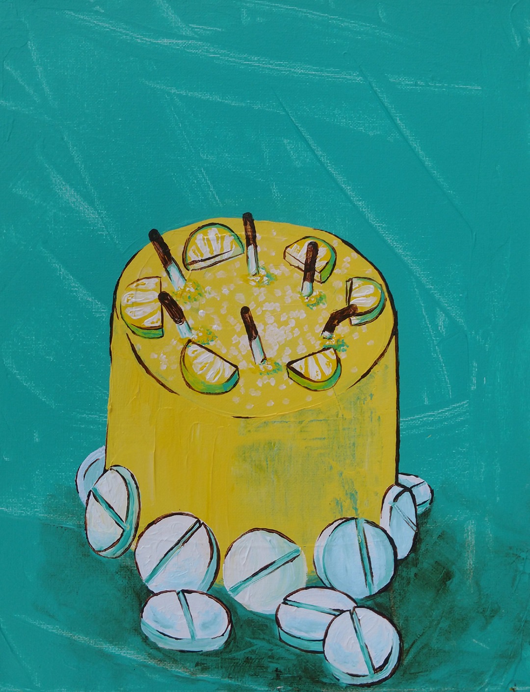 A lemon cake with lemon slices and cigarettes on the top and giant sized pills resting at the base. 
