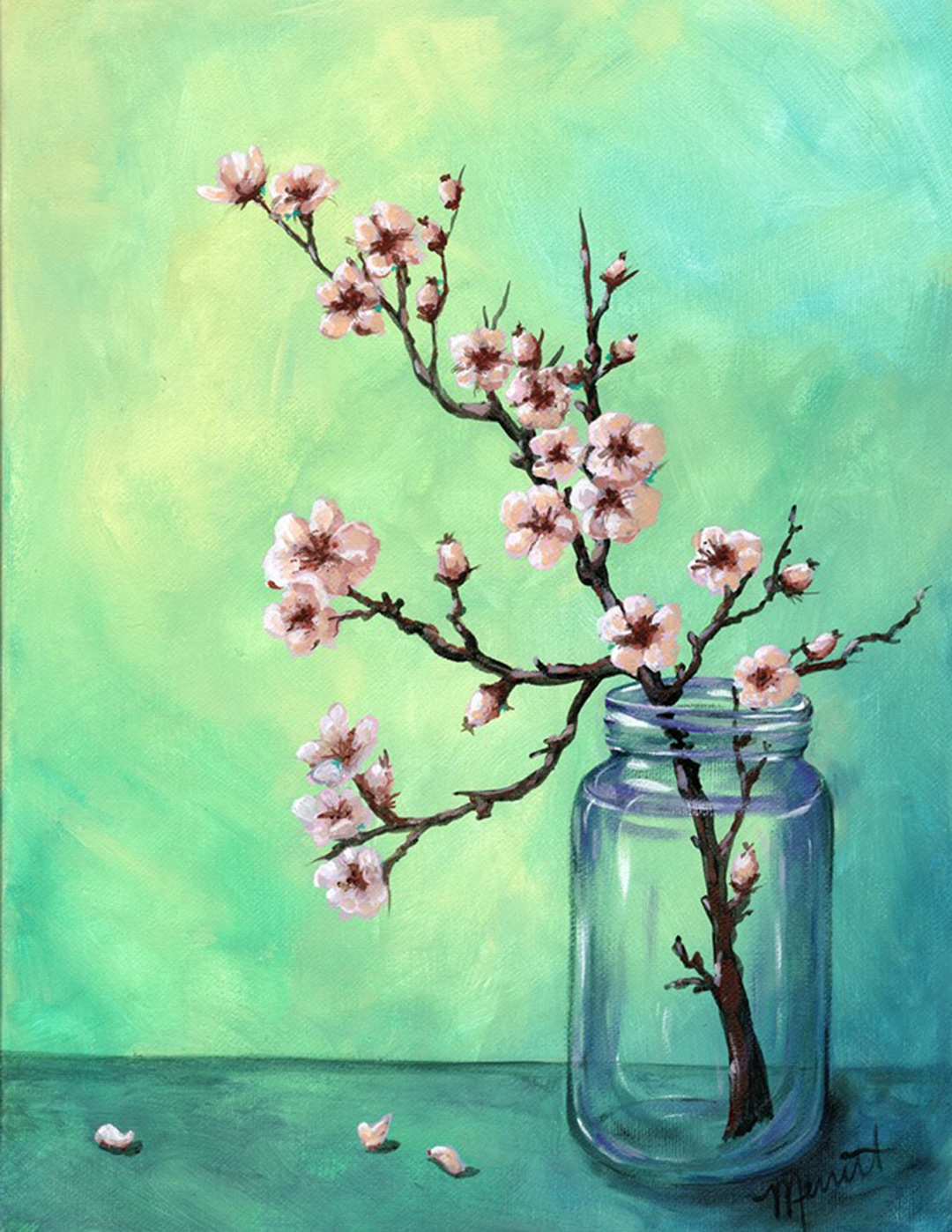 A mason jar of pink cherry blossoms against a teal and green wall and table.