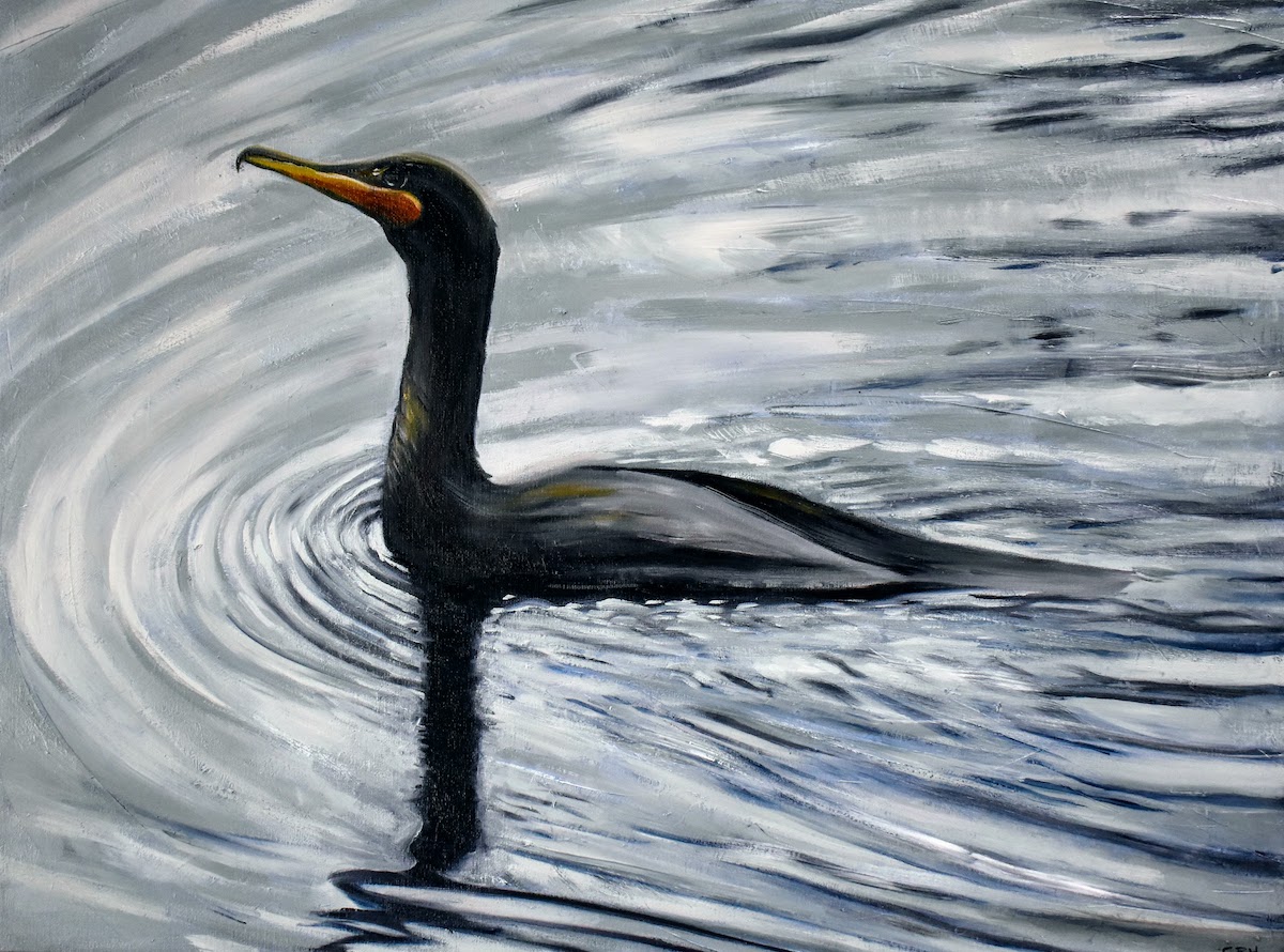 A dark cormorant swims and creates ripples on the surface of a lake.