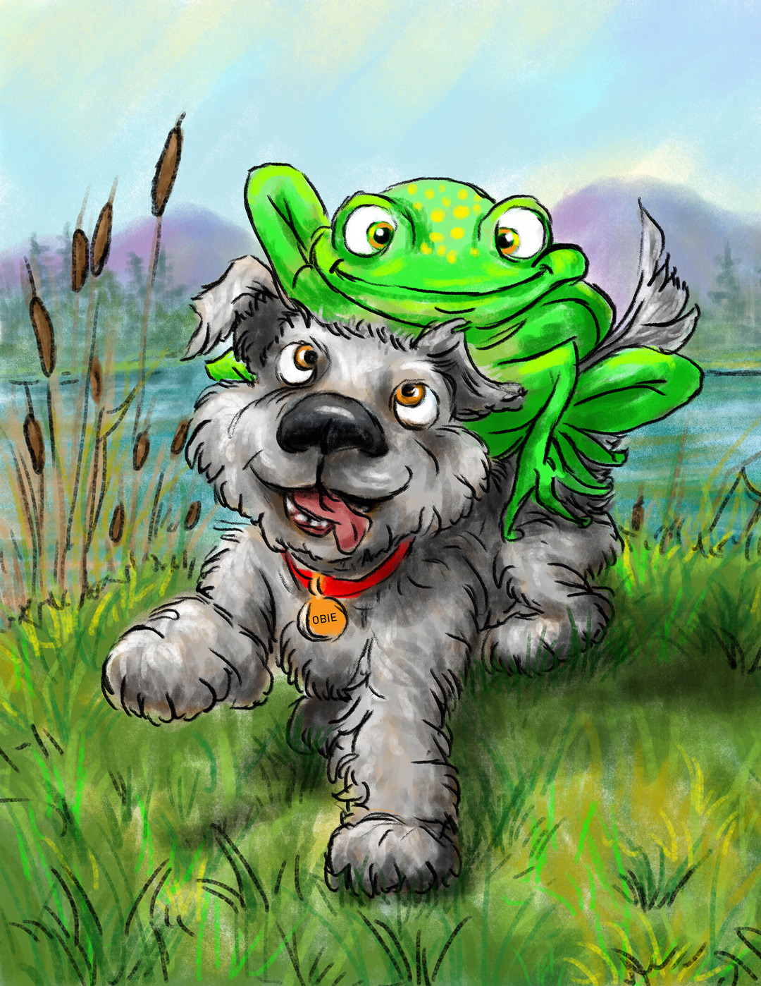 A cartoony speckled frog rides on the back of a silly looking gray dog.