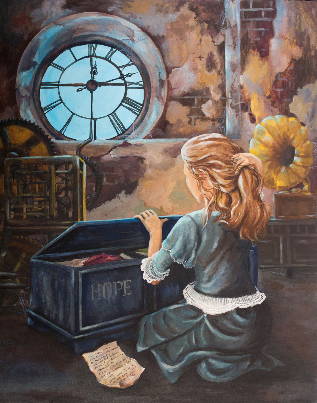 A young woman opens a hope chest in a dusty Victorian attic.