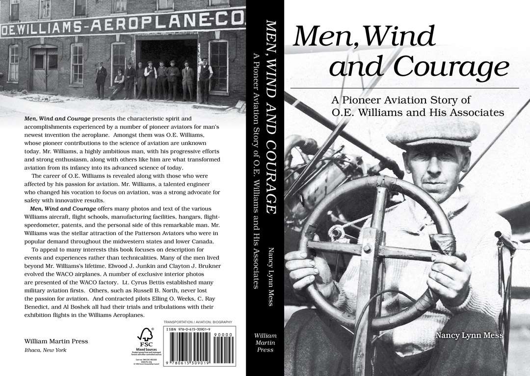 TA black and white cover with an intense-looking pilot holding a steering wheel and a back cover with a photo of O.E. Williams Aeroplance Co. building and staff.