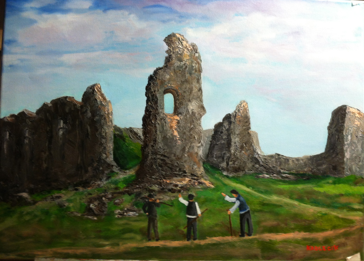 Three men stand on the road and examine ruins on a hill.
