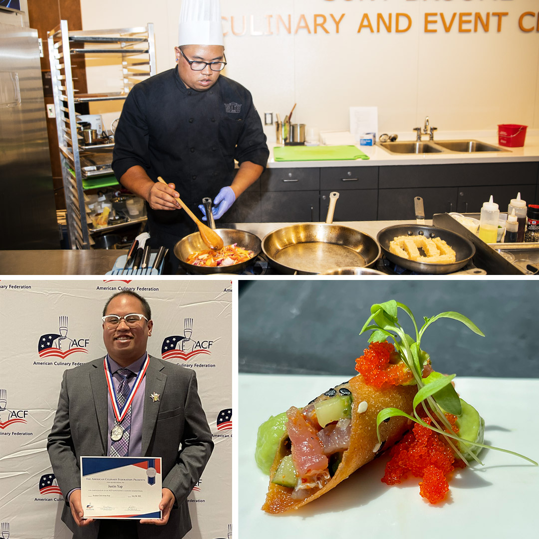 Collage of three photos: Justin in the SUNY Broome kitchen; Justin with his award and medal; Justin's amuse bouche.