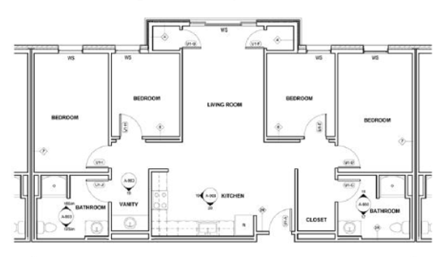 Housing room layout for 4 bedroom apartment with kitchen and 2 full bathrooms