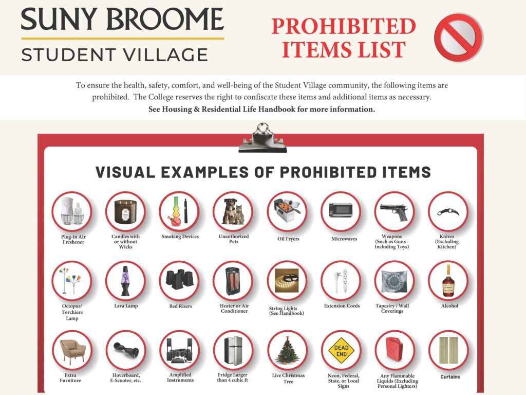 SUNY Broome prohibited Items List. A grid of photos of prohibited items is displayed.