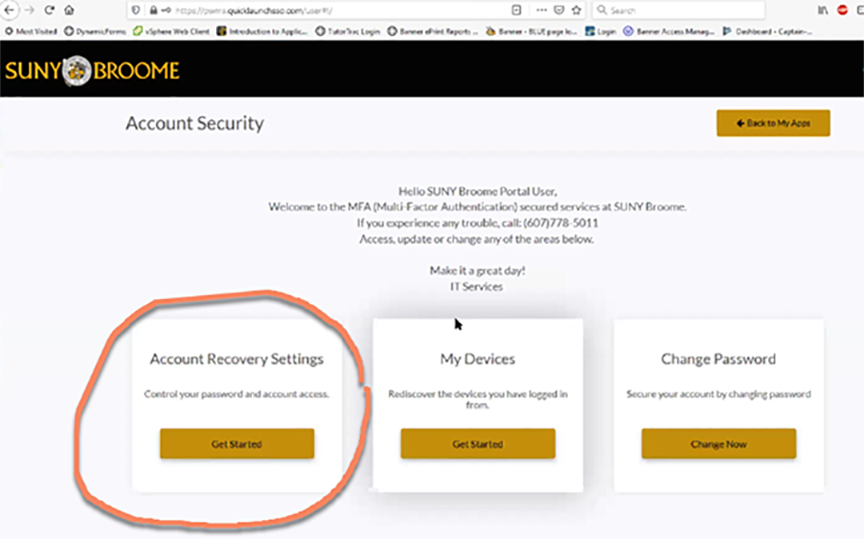 Account Security page with lower left option (Account Recovery Settings) circled