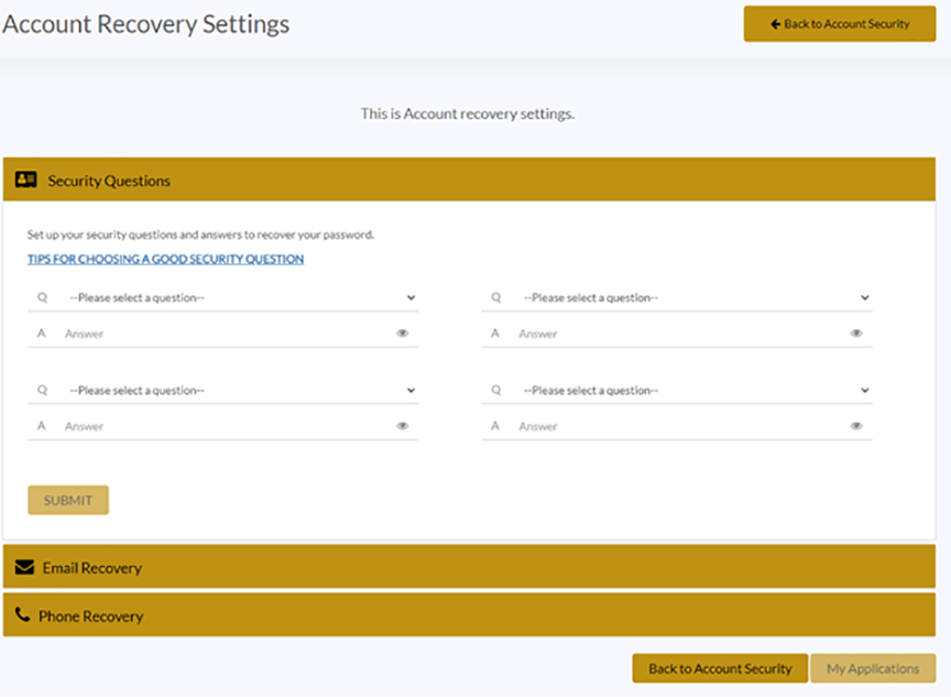 Account Recovery Setting screen for you to enter your security questions and answers.