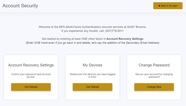 MFA account Security main screen