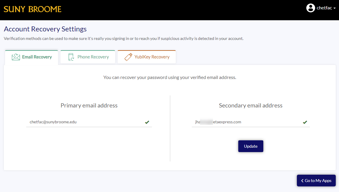 Screen image of Account Recovery Settings. There are 3 tabs to choose from :Email Recovery, Phone Recovery, YubiKey Recovery. The email recovery tab is highlighted. You need to enter your primary and secondary email addresses and select the update button.
