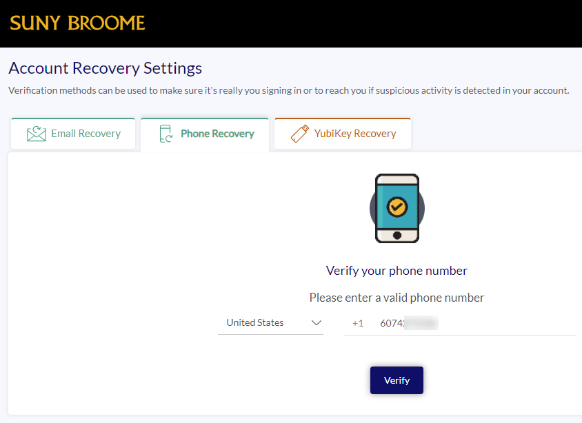 Screen image of Account Recovery Settings. There are 3 tabs to choose from :Email Recovery, Phone Recovery, YubiKey Recovery. The YubiKey Recovery tab is highlighted. You need to enter the verification code that was sent to your phone and select the Submit button.