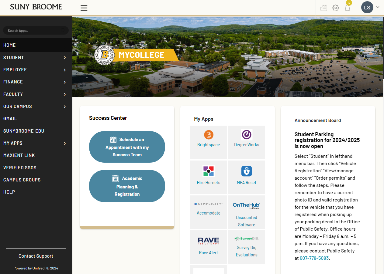 Screen image of MyCollege home page will show when you have successfully logged in.