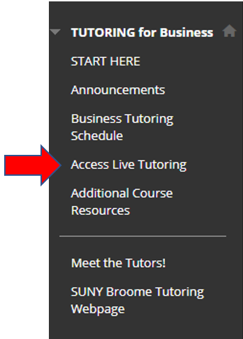 Screen shot of menu to locate tutoring in Blackboard