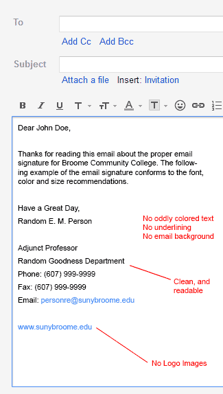 An example of a correct email signature that adheres to SUNY Broome's email signature guidelines. 