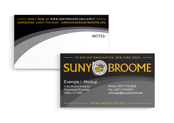 Example of a SUNY Broome businesscard with correct fonts and color theme.
