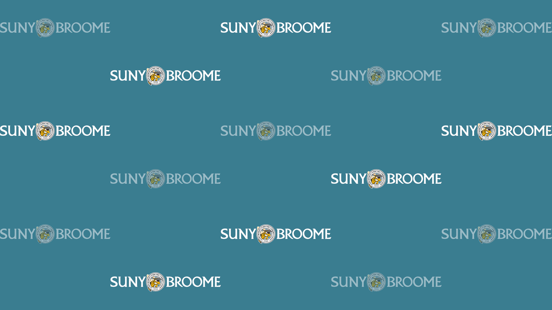 Download Zoom virtual background with white SUNY Broome logo tiled on blue background (jpg)