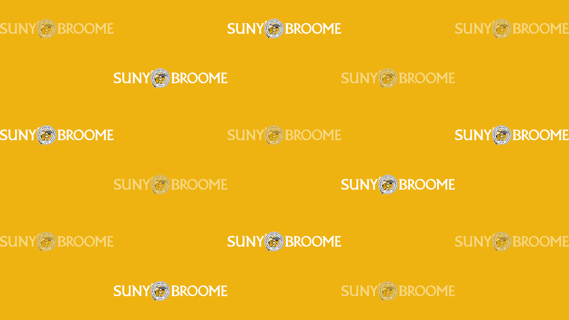 Download Zoom virtual background with white SUNY Broome logo tiled on yellow background (jpg)